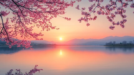 Fototapeta premium Sunset Over a Tranquil Lake Framed by Cherry Blossoms in Springtime