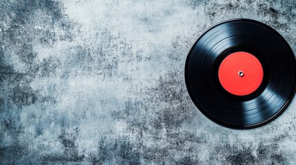 Obraz premium Vinyl record with red label on textured gray background in a music-themed setting