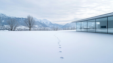 Fototapeta premium Modern Glass House Standing Elegantly in Snowy Valley with Mountains in Background
