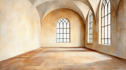 Serene Empty Room with Tall Windows and Arched Ceilings Ideal for Minimalist Interior Design or Architectural Projects