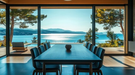 Fototapeta premium A Luxurious Dining Room With Floor-To-Ceiling Windows Offering Breathtaking Ocean Views. The Scene Is Serene And Peaceful, Bathed In Sunlight.