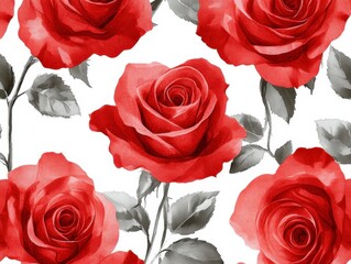 Fototapeta premium A Seamless Pattern of Red Roses with Gray Leaves on a White Background