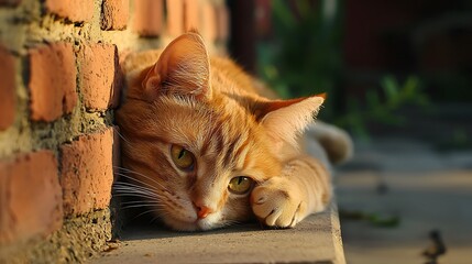 A cat is laying on a brick wall