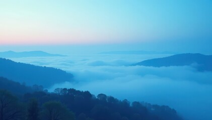 Blue misty landscape with abstract clouds and foggy atmosphere , surreal, clouds