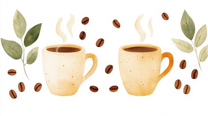 Obraz premium Two Warm Coffee Cups with Steaming Beverage Surrounded by Coffee Beans and Green Leaves