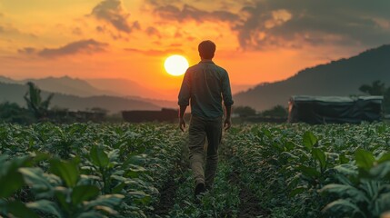 Fototapeta premium Walking through a lush field at sunset serene landscape captivating nature viewpoint rural tranquility