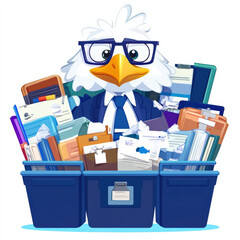 Bird in suit buried in overflowing storage bins.