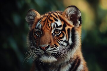 Fototapeta premium Young tiger resting in natural habitat with vibrant fur and intense gaze during late afternoon