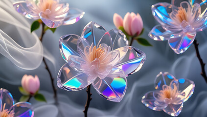 A beautiful camellia flower with a spectrum theme and enchanting smoke. Created with generative AI