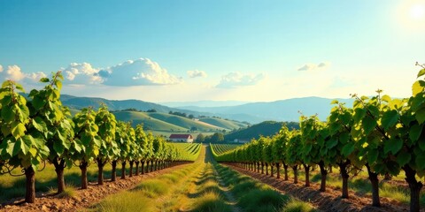 Fototapeta premium Serene Vineyard Landscape Featuring Rows of Lush Grapevines Under a Sunny Sky, Rolling Hills in the Background