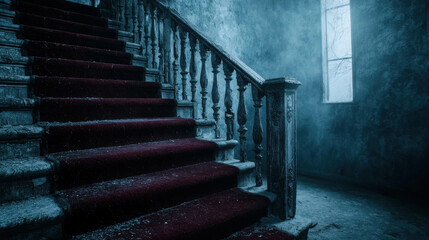 Decaying Grand Staircase in an Abandoned House with Ornate Details and Ghostly Atmosphere