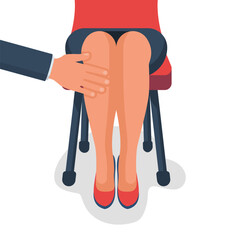 Harassment concept. Boss touches a woman behind the leg, under the table. Violence in the workplace. Vector illustration flat design. Isolated on white background.