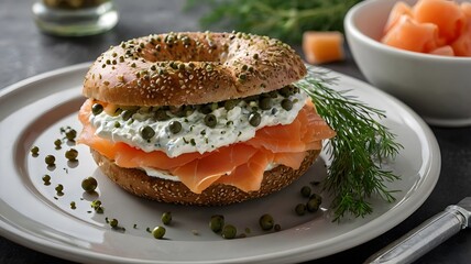 A classic bagel with cream cheese and smoked salmon, garnished with capers and dill. 