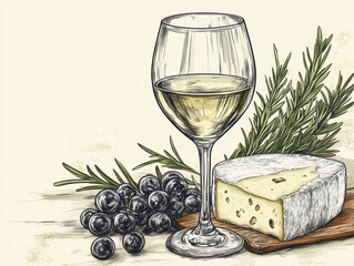  Wine glass and cheese, in indigo colors on a white beige background. AI generative.
