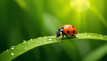 Obraz premium Ladybug on dewy green leaf in a vibrant natural setting