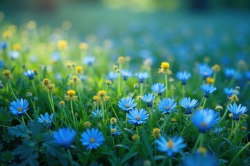 Fototapeta premium A carpet of cyanthillium cinereum in shades of blue and yellow with delicate stems hanging from a grass-like plant, meadow, blue