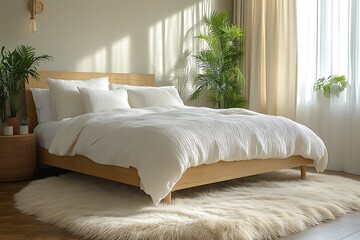 Sunlit bedroom with king-size bed, plants, and fluffy rug.