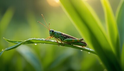 Green grasshopper perched on dewy leaf in sunlight