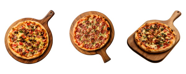 A beautifully assembled Neapolitan pizza placed on a rustic wooden pizza peel, on a transparent background.