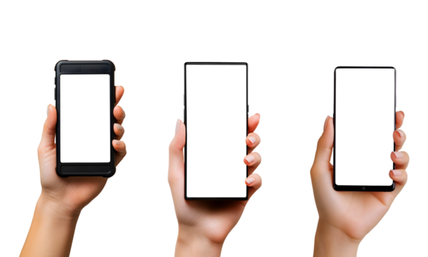 Caucasian woman's hand holding a smartphone with a blank screen and black case, upright display on a transparent background.