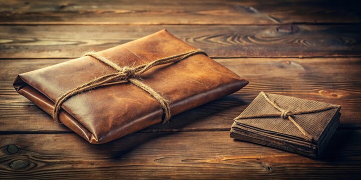 A rustic brown paper parcel sitting alone on a wooden table with a worn leather wallet next to it, parcel, vintage,  parcel