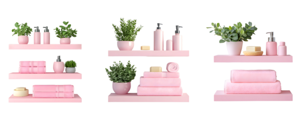 Pink bathroom shelves featuring towels, greenery, and soap, offering a fresh and contemporary aesthetic for interior decor ideas on a transparent background.