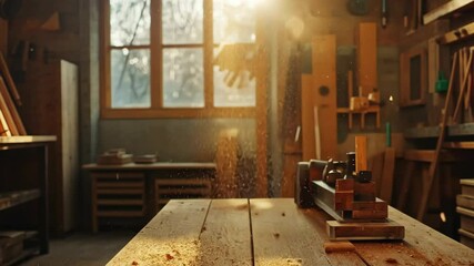 Workshop filled with sunlight showcases woodworking tools and a dust cloud at dawn