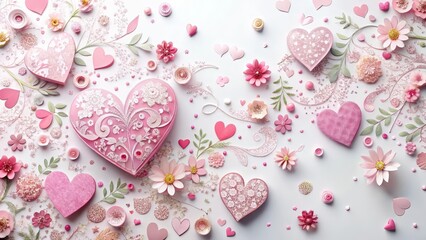Colorful pink heart confetti scattered on a white background, with delicate floral patterns and intricate designs , paper hearts, confetti overlay