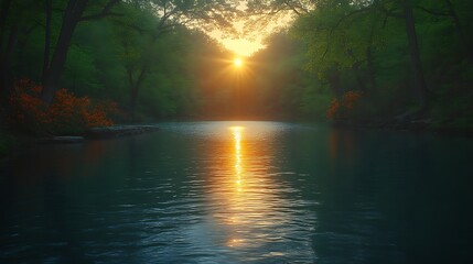 Sunlit river at dawn, misty forest.