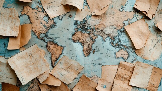 Aged Paper Fragments On Vintage World Map