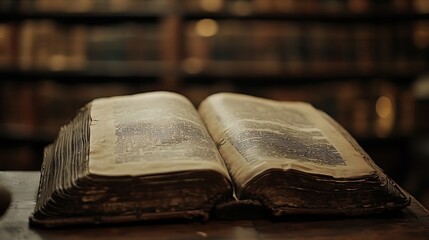 A close up of an open book with blurred shelves