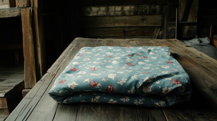 A neatly folded floral-patterned blanket resting on a rustic wooden table in a cozy room