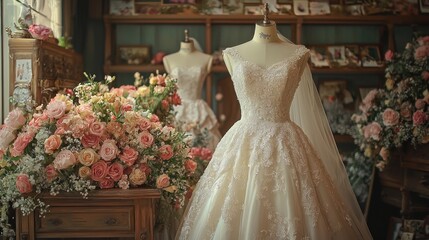 Wedding gowns on mannequins, flowers on display in a shop, for advertising use.