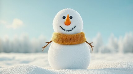 Obraz premium Charming snowman with orange carrot nose, black eyes, and cozy scarf in winter landscape with soft snow