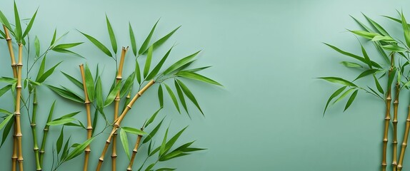 Naklejka premium Bamboo leaves forming elegant curves on a plain mint background