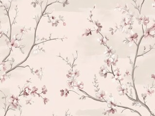 A Seamless Pattern of Light Pink Cherry Blossoms with Brown Branches on an Off-White Background
