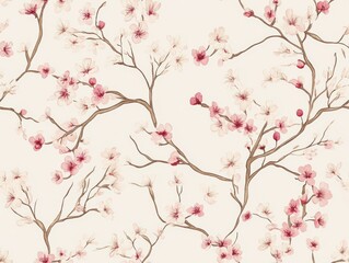 Fototapeta premium A Seamless Pattern of Light Pink Cherry Blossoms with Brown Branches on an Off-White Background