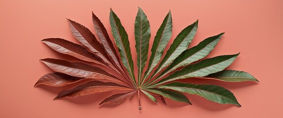Fototapeta premium Chestnut leaves forming a fan like pattern on a plain soft coral background