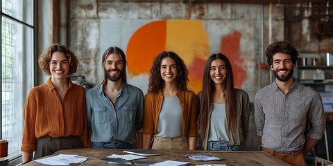 Five smiling young adults stand together in a creative workspace.