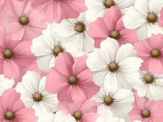 Obraz premium A Seamless Pattern of Pink and White Cosmos Flowers with Yellow Centers on a Light Pink Background