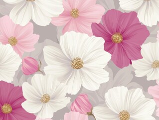 A Seamless Pattern of Pink and White Cosmos Flowers with Yellow Centers on a Light Pink Background