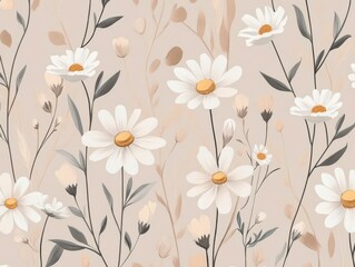 A Seamless Pattern of White Daisies with Yellow Centers, Gray Stems, and Gray Leaves on a Beige Background
