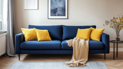 Cozy Living Room With A Navy Blue Sofa, Yellow Pillows, And A Beige Throw Blanket. The Room Is Decorated With Framed Art And A Vase Of Dried Flowers.