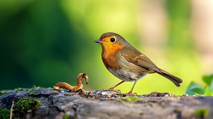 A small bird is standing on a log next to a large insect