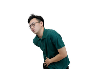Young asian Man Experiencing Back Pain and Discomfort, Isolated Against Light Background