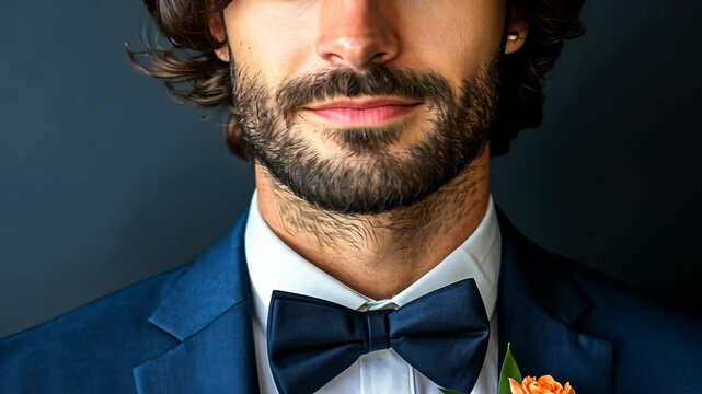 Elegant groom wearing a stylish suit with a bow tie and a floral boutonniere ready for a wedding