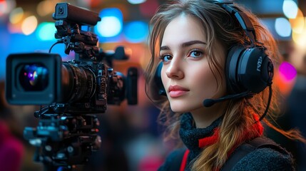 Young caucasian female camerawoman with headset operating professional camera