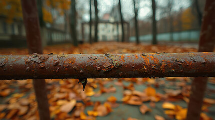 Rusty Jungle Gym in an Old Playground Surrounded by Creeping Vines and Fallen Leaves