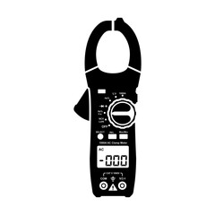 Clamp meter black icon. Current digital clamp meter. Silhouette electrician's measuring tool. Tool or equipment of electrician isolated on white background. Vector illustration flat design.