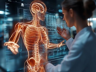 Scientist interacts with holographic human anatomy.